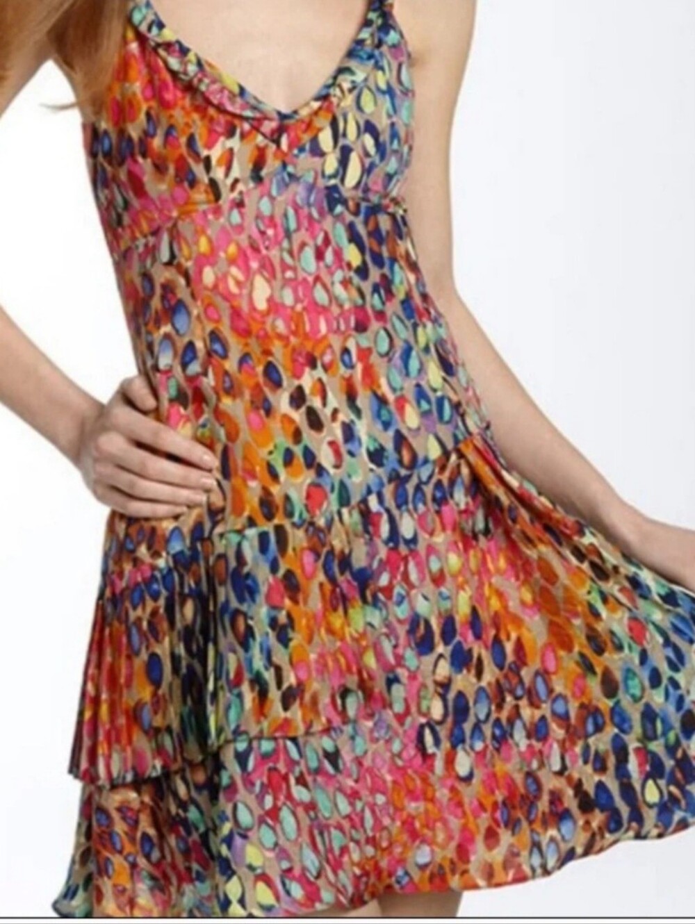 Nanette Lepore Silk Raindrop Print Ruffle Dress Colorful Watercolor Pink Size 12